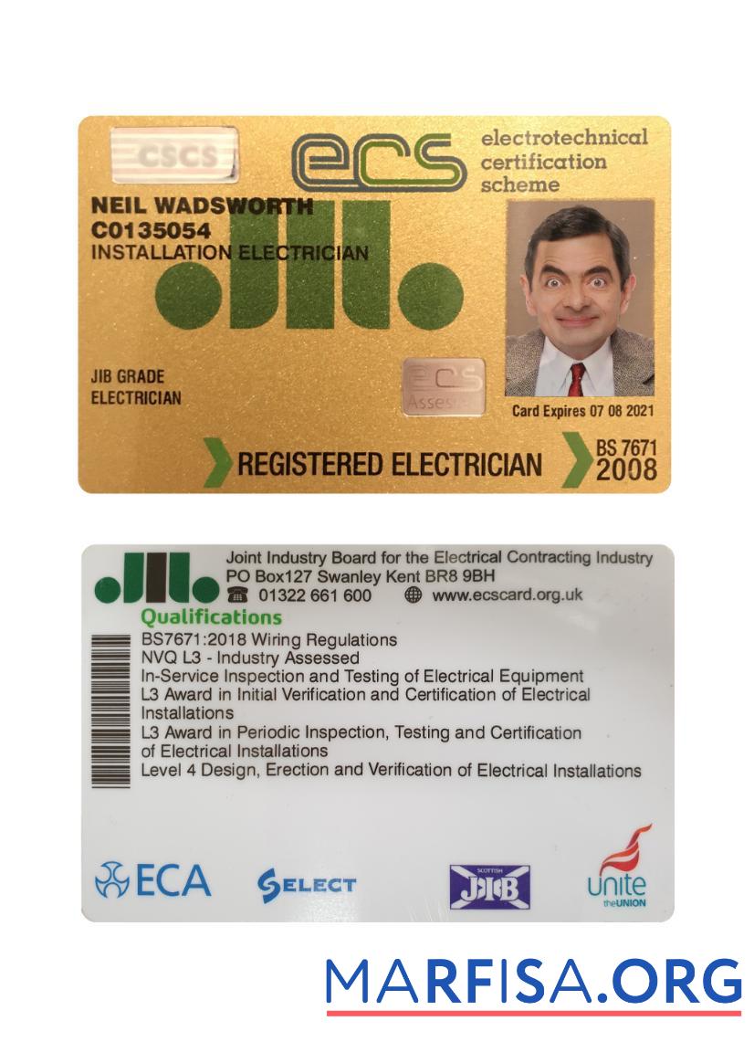 Downloadable United Kingdom electrotechnical certification scheme (ECS) card template